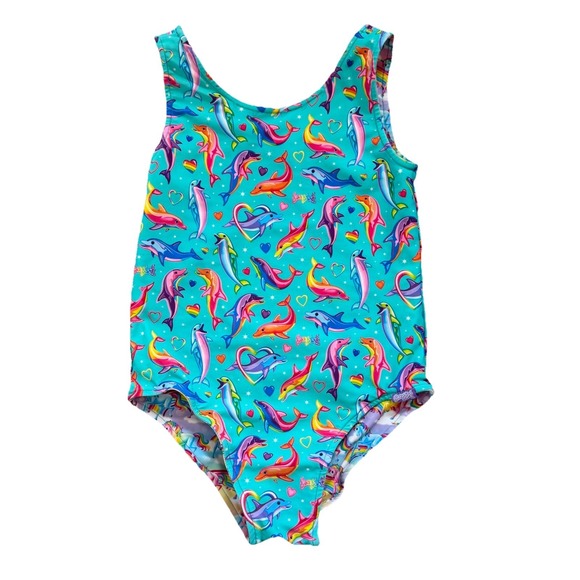 Lisa Frank X Posh Peanut Dancing Dolphins Unicorn Reversible Swimsuit Girls Sz 8 - Picture 2 of 9